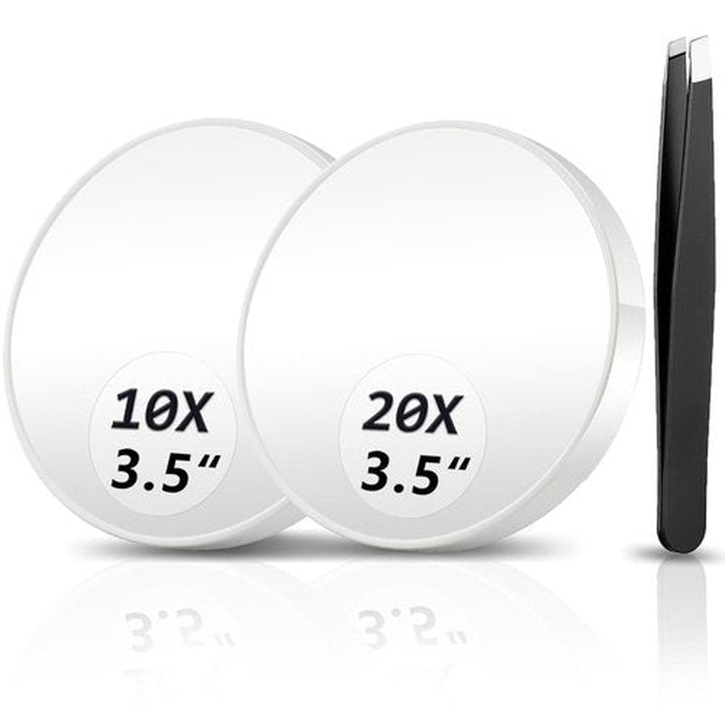 Magnifying Mirror 10X&20X Set, Magnified Mirror 3.5" with Two Suction Cups and Tweezers, Travel Magnifying Mirror Set Comes with Portable Storage Bag, Compact Small Magnifying Mirror for Travel(White)