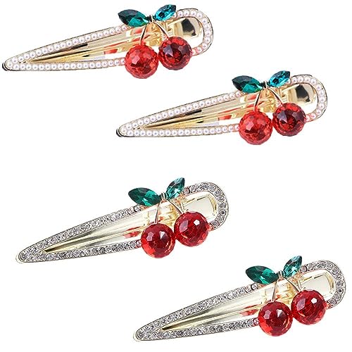 Hair Clips 4PCS Sweet Cherry Duckbill Clips Rhinestone Pearls Cherry Green Leaf Hairpins For Woman Temperament Cute Barrettes Girls Hair Accessories