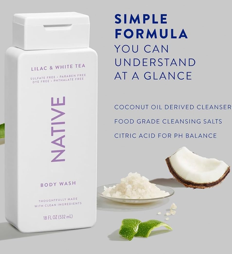 Native Body Wash Contains Naturally Derived Ingredients | For Women & Men, Sulfate, Paraben, & Dye Free Leaving Skin Soft and Hydrating | Lilac & White Tea 18 oz (Pack of 2)