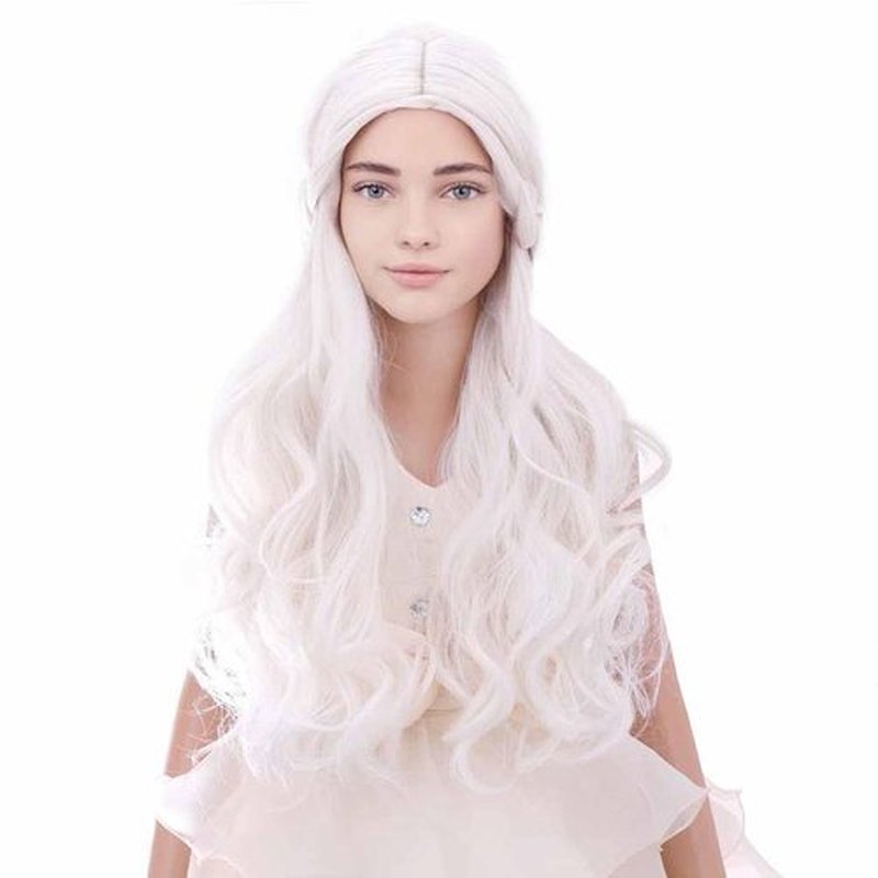 DUDUWIG Kids White Wig Long Wavy Wig for Child White Wig with Braid for Girls Cosplay Party Halloween Costume Wig with Wig Cap