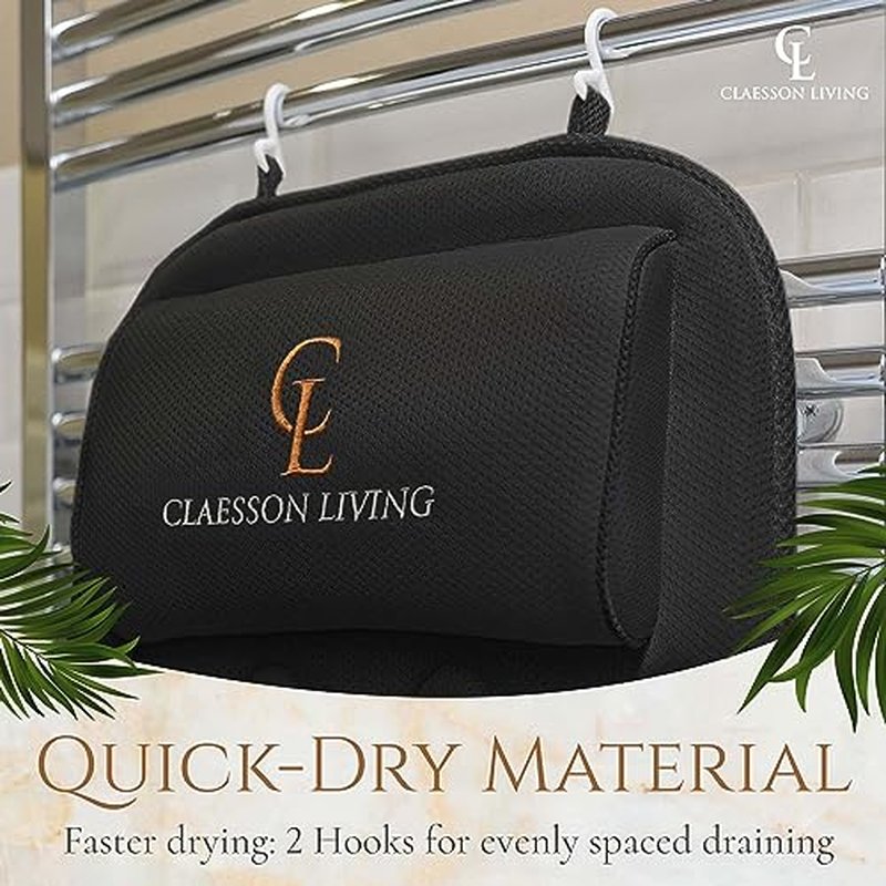 Claessonliving Full-Body Bath Pillow (17'' x 49'') - Bathtub Cushion with Headrest Supports Neck, Back and Legs - Free Hanging Hooks for Fast Drying Over Tub - Includes Washing and Travel Bags - Black