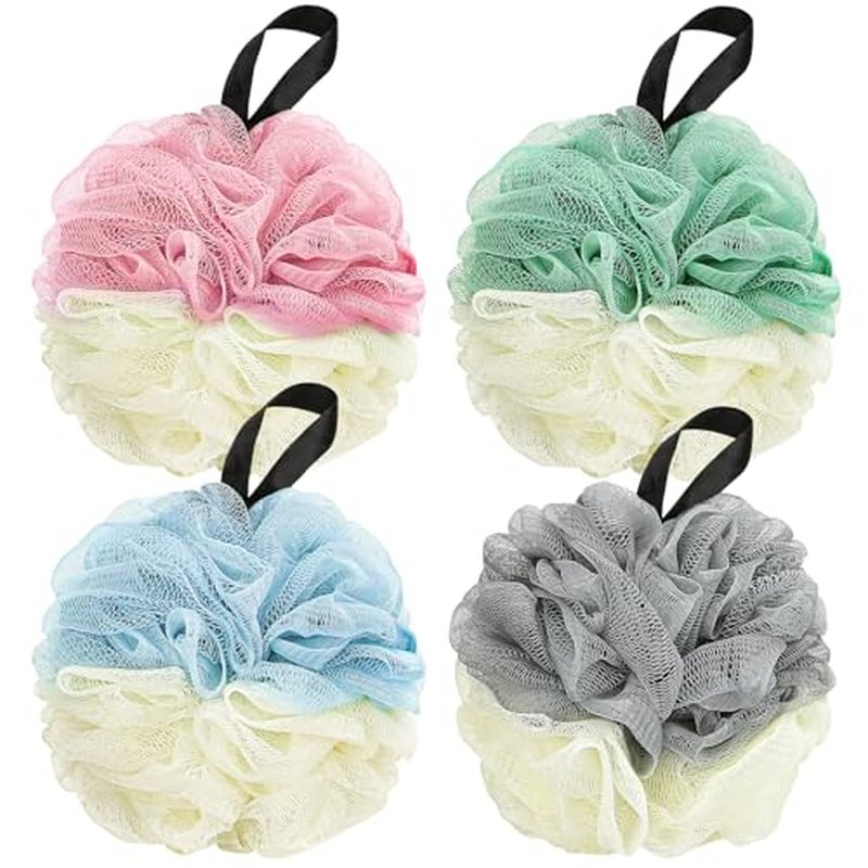 DadyMart Bath Shower Loofah Sponge 75g Bath Mesh Pouf Shower Ball Body Scrubber Exfoliating Bath Sponge for Women and Men, Set of 4,Blue & White