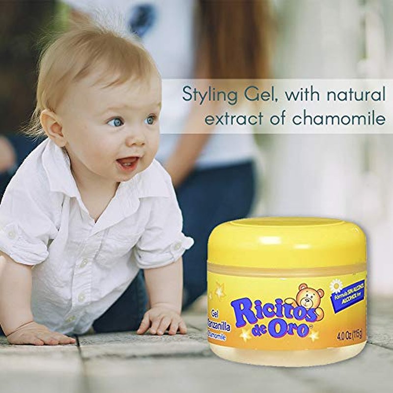 Ricitos de Oro Chamomile Hair Gel, Alcohol-Free, Hairstyling Product for Daily Use, Gentle Gel with Chamomile Extract for Children, Non-Greasy, 3-Pack of 4.05 Oz, 3 Jars