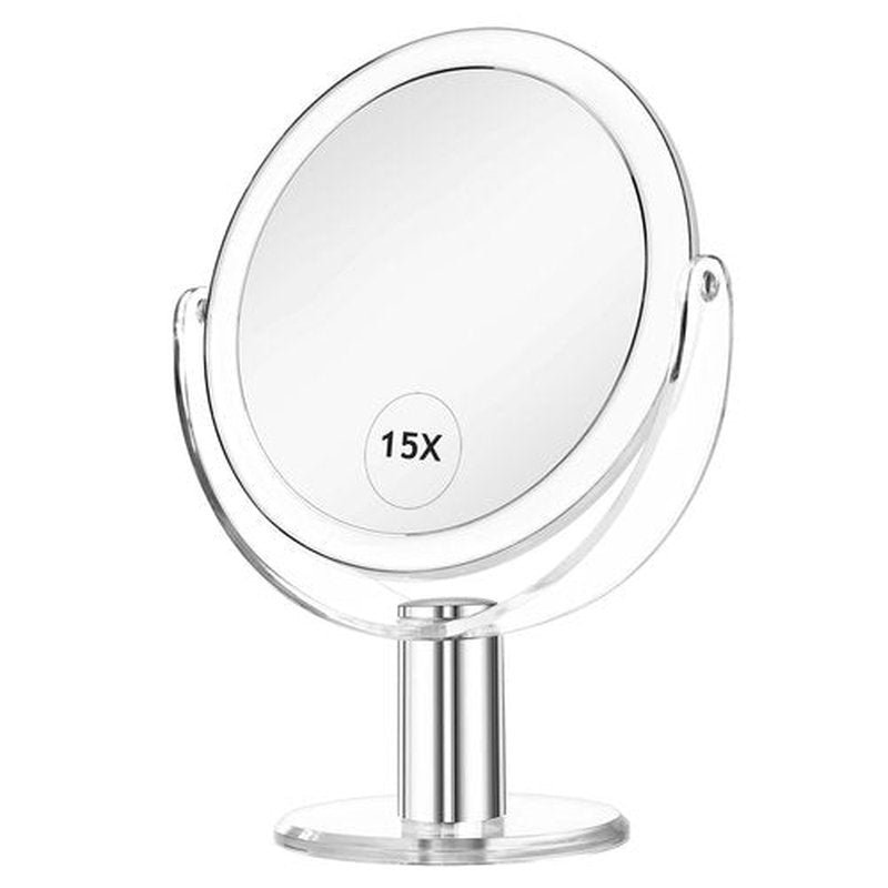 CLSEVXY Vanity Mirror Makeup Mirror with Stand, 1X/15X Magnification Double Sided 360 Degree Swivel Magnifying Mirror, 7.4 Inch Portable Table Desk Counter top Mirror Bathroom Shaving Mirror