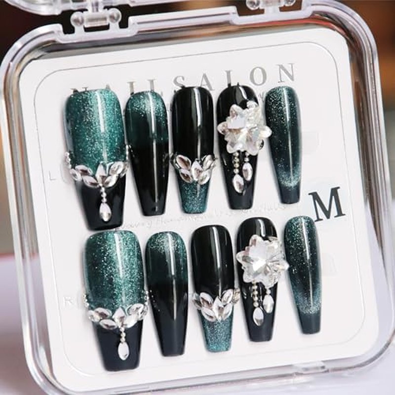 CAMILCY Handmade Nails Press on Almond Shaped Long Pointed Green Crystal Bow Design Hand painted Reusable Gel UV Finished Pre Shaped False Nails for Women 10Pcs 3D Handmade Nails (A013, S)