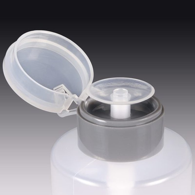 9oz Push Down Pump Dispenser Flip Top Cap Refillable Empty Bottle - Gray with Word Imprint - Lockable Travel Cosmetic Packaging Empty Bottle for Nail Polish Manicure