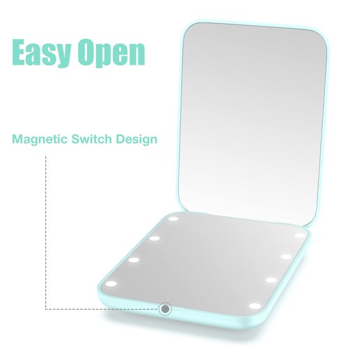 wobsion Small Mirror with Lights,LED Compact Makeup Mirror,1x/3x Mini Travel Mirror with Magnification,Portable Hand Held Mirror for Purse,Pocket,Gifts for Girls,Cyan