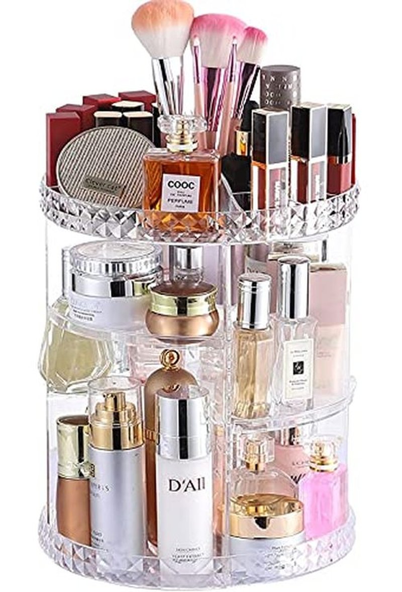 Cq acrylic 360 Degree Rotating Makeup Organizer Countertop For Vanit,Adjustable Make up Holder Height,Clear Plastic Spinning Skincare Organizer for Skin Care Beauty Product Bathroom Organizer,1Pcs