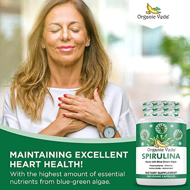 Organic Veda Spirulina Capsules, 1500mg - Green Superfood Dietary Supplement - Organic Blue-Green Algae Packed with Nutrients, Vitamins, Amino Acid, & Antioxidant - Vegan, Gluten-Free - 300 Count