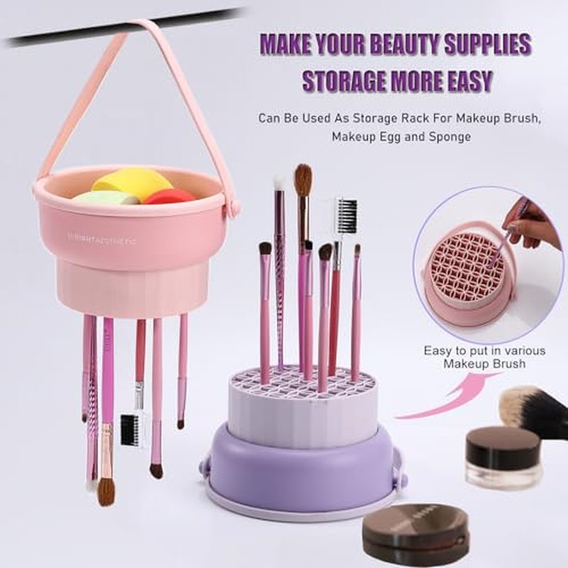 UPTOZOBLY 3 in 1 Brush Cleaning Mat with Brush Drying Holder, Silicone Makeup Brush Cleaner Mat Make Up Brush Cleaning Bowl Cosmetic Brush Washing Tool for Makeup Brush, Sponge, Powder Puff (Khaki)