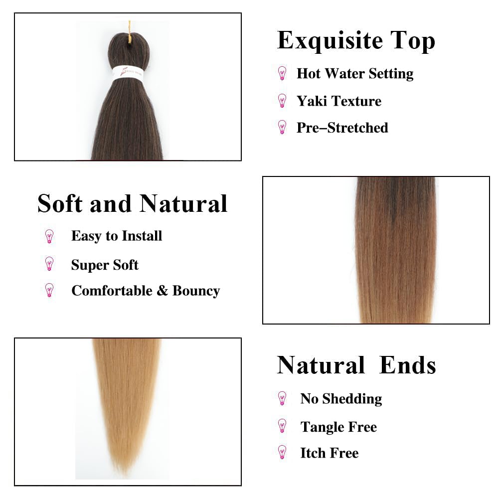 Ombre Braiding Hair Pre Stretched 26 Inches Ombre Brown 8 Packs/Lot Braid Hot Water Setting Professional Synthetic Braiding Hair for Crochet Hair Extensions (8Pcs,#1b/30/27)