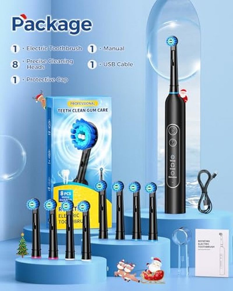 TEETHEORY Rotating Electric Toothbrush for Adults with 8 Brush Heads, Sensitive Gum Care Electric Toothbrush with 3 Modes and 2 Min Smart Timer, Rechargeable Last 45 Days