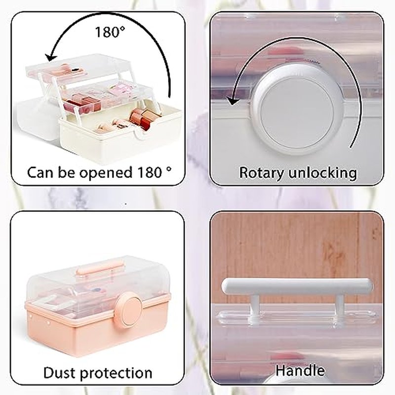 RAMFIYN Pink Makeup Storage, Pink Tackle box for Women with Handle. Cosmetic Storage Box Organizer, Portable 3 Layers Makeup Case for Home