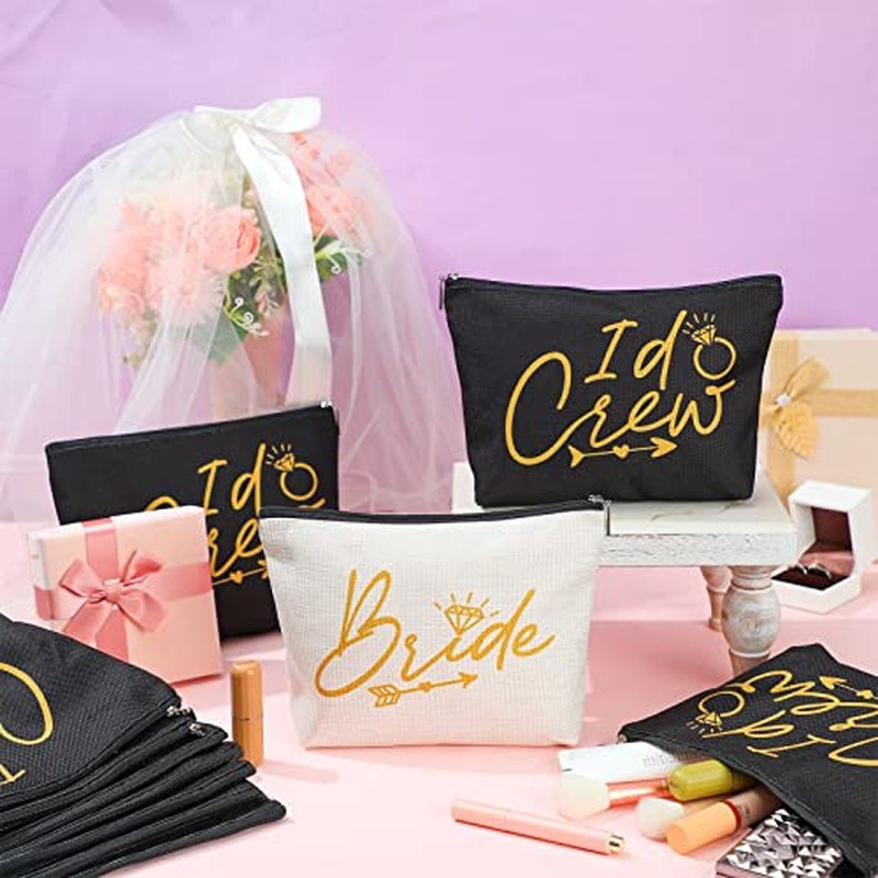 11 Pieces Wedding Makeup Bags Bridal Shower Cosmetic Bag Bachelorette Party Canvas Makeup Bags Bride I Do Crew Bridesmaid Proposal Gifts for Women (White, Black)