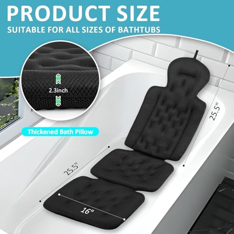 Luxury Full Body Bath Pillow for Bathtub, Bath Pillows for Tub with Mesh Laundry Bag & Non-Slip Suction Cups, Cushion for Bathtub Headrest Neck Back Support - 5D Air Mesh & Quick Drying | Black