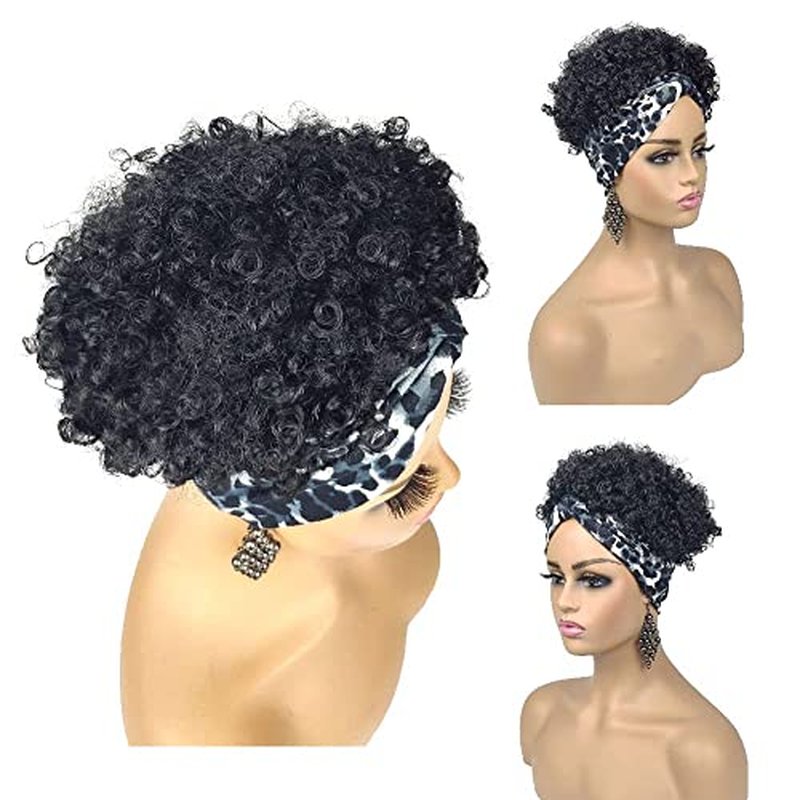 Allyreetress Short Afro Wigs for Black Women Afro Kinky Curly Wigs with Headbands Attached No Drawstring Leopard Short Headband Afro Puff Wigs for Black Women