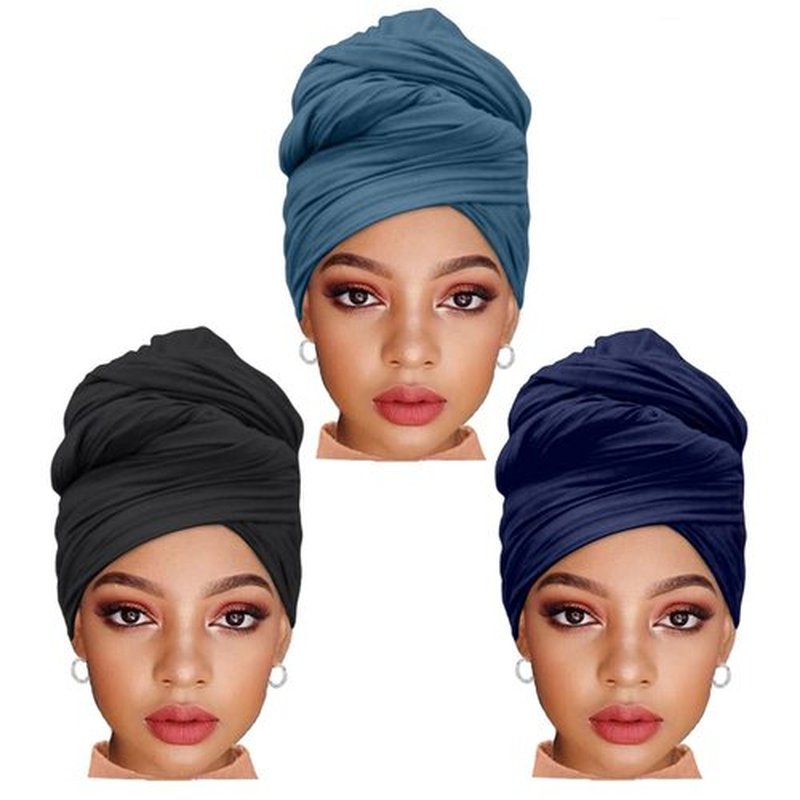 ZRQ 3 Pieces Stretch Turban Knit Hijab Urban Hair Scarf Soft Lightweight Muslim Head Wraps Women's Fashion Headband for Natural Hair Night Use (Black, Dark Ha Cyan, Dark Blue)
