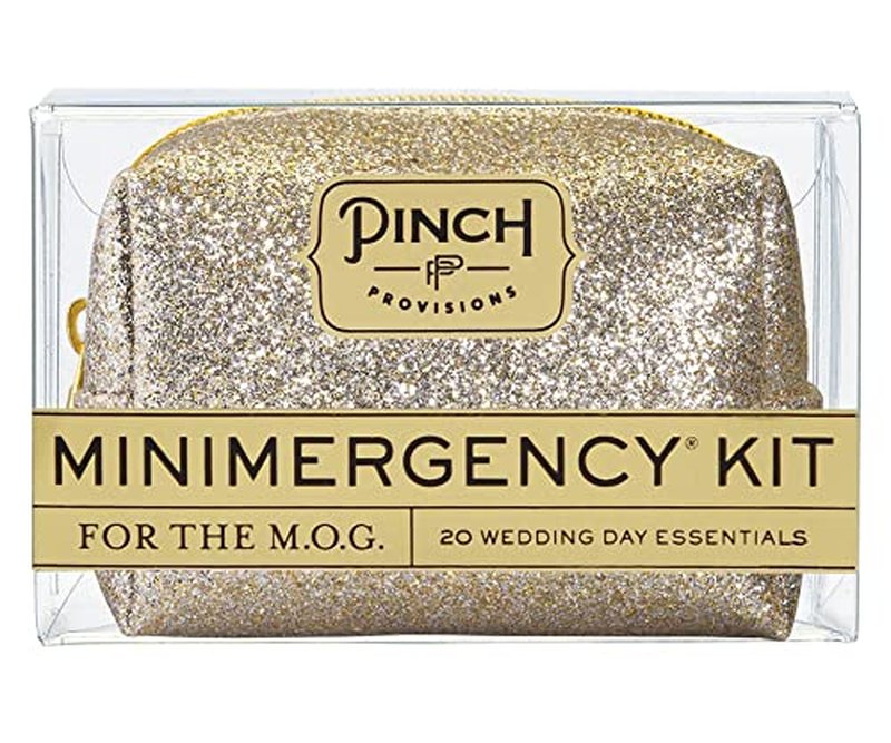 Pinch Provisions Minimergency Kit for M.O.G, Includes 20 Must-Have Emergency Essentials for The Big Day, Compact, Multi-Functional Zipper Pouch, Survival Kit for Mother of Groom - Champagne Glitter