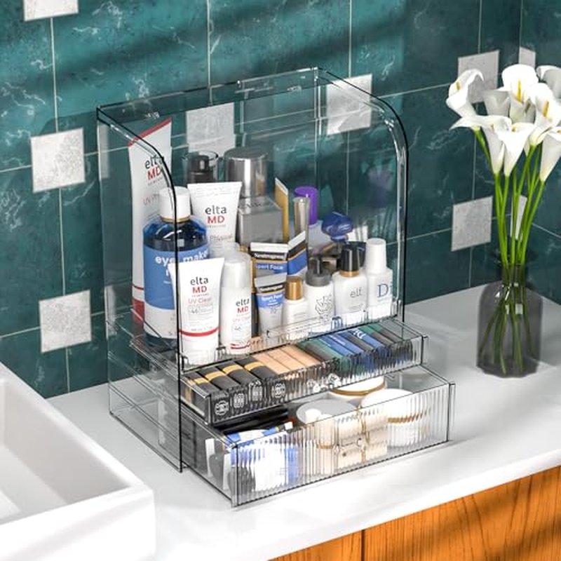 Clear Make up Organizers and Storage for Vanity With Dustproof Lid,Large Skincare Organizer and Bathroom Counter Organizer With 2 Drawers For Cosmetics,Lotion,Beauty Product Dresser Top Organizer Box
