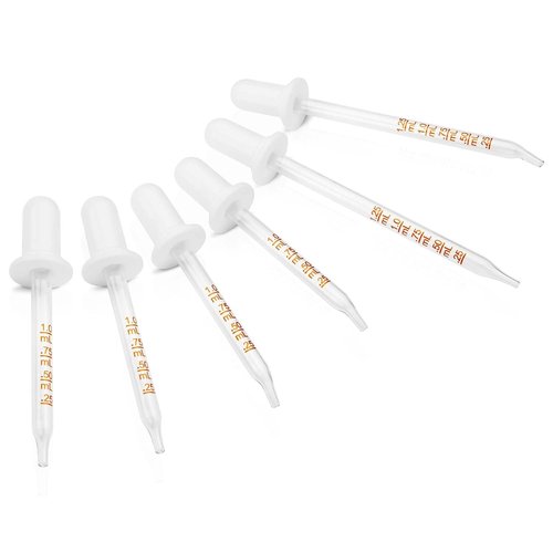 BAKOTAKA 6 Pack, Glass Eye Dropper with Measurement, (3 Bent & 3 Straight) 1mL Capacity - Deliver Correct Dose Calibrated Glass Medicine Droppers for Oils, Feeding, Ear, Lab, Health Care, White
