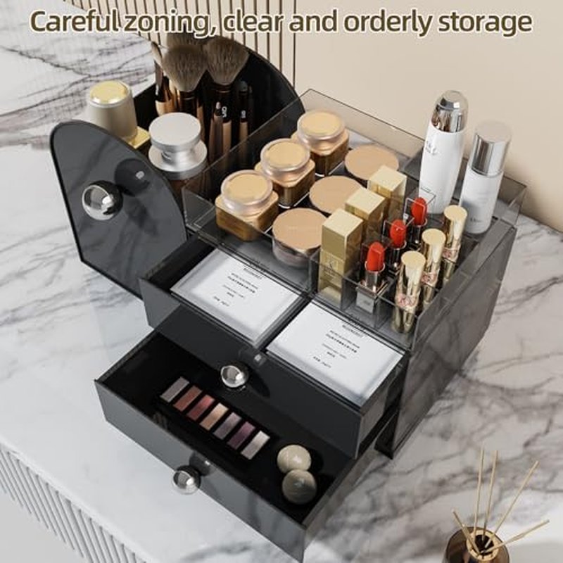 Makeup Organizer with Drawers,High-Capacity Skincare organizers,Makeup Brushes Holder,Make up organizers for Vanity,Cosmetic Display Cases,Bathroom Countertop Organizer(Black)