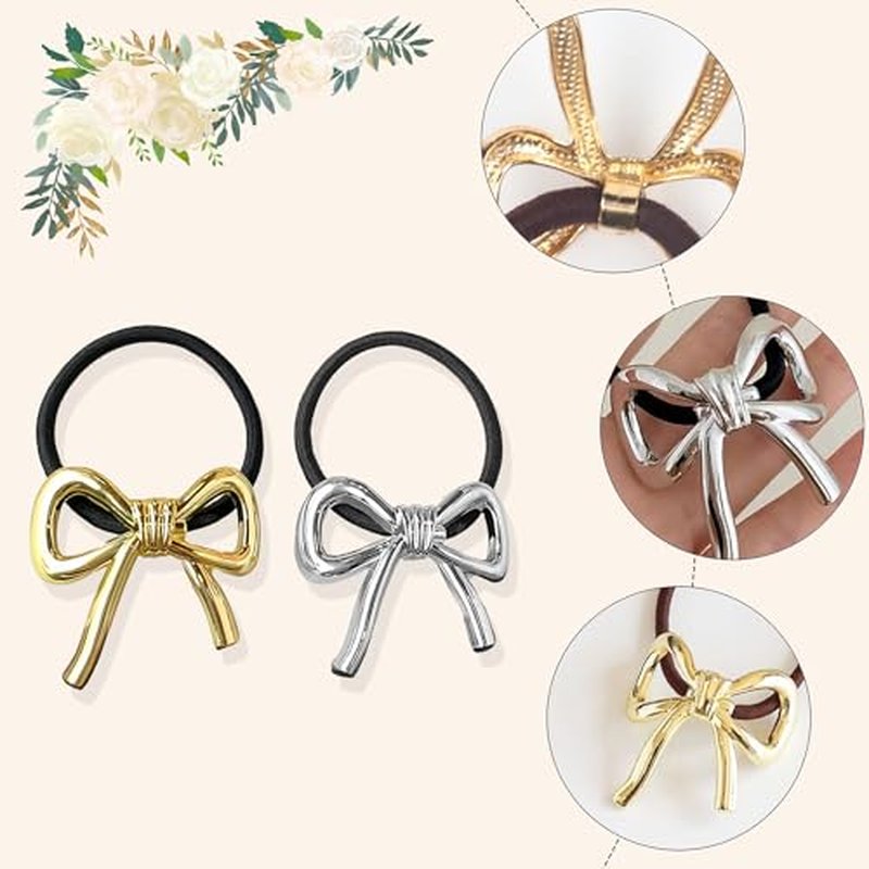 Metal Bow Hair Tie Ponytail Holders Hair Cuff Gold & Silver Metal Hair Ties Scrunchies Hair Accessories for Women Hair Elastic Rubber Bands for Hair No Damage 2 PCS (style-01)