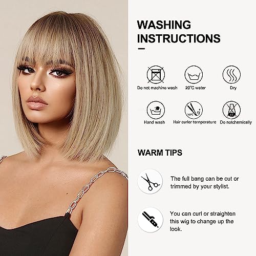 OUFEI Ombre Blonde Bob Wigs for Women Short Straight Wig with Bangs Synthetic Hair Heat Resistant Wigs for Daily Party Cosplay Wear