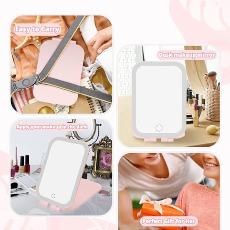 Puiuisoul Travel Makeup Mirror, 2000mAh Battery-Powered Illuminated Mirror, 3 Adjustable Light Settings USB-Rechargeable Vanity Mirror with Touch-Sensitive Dimming，Gift for Women and Girls (Pink)