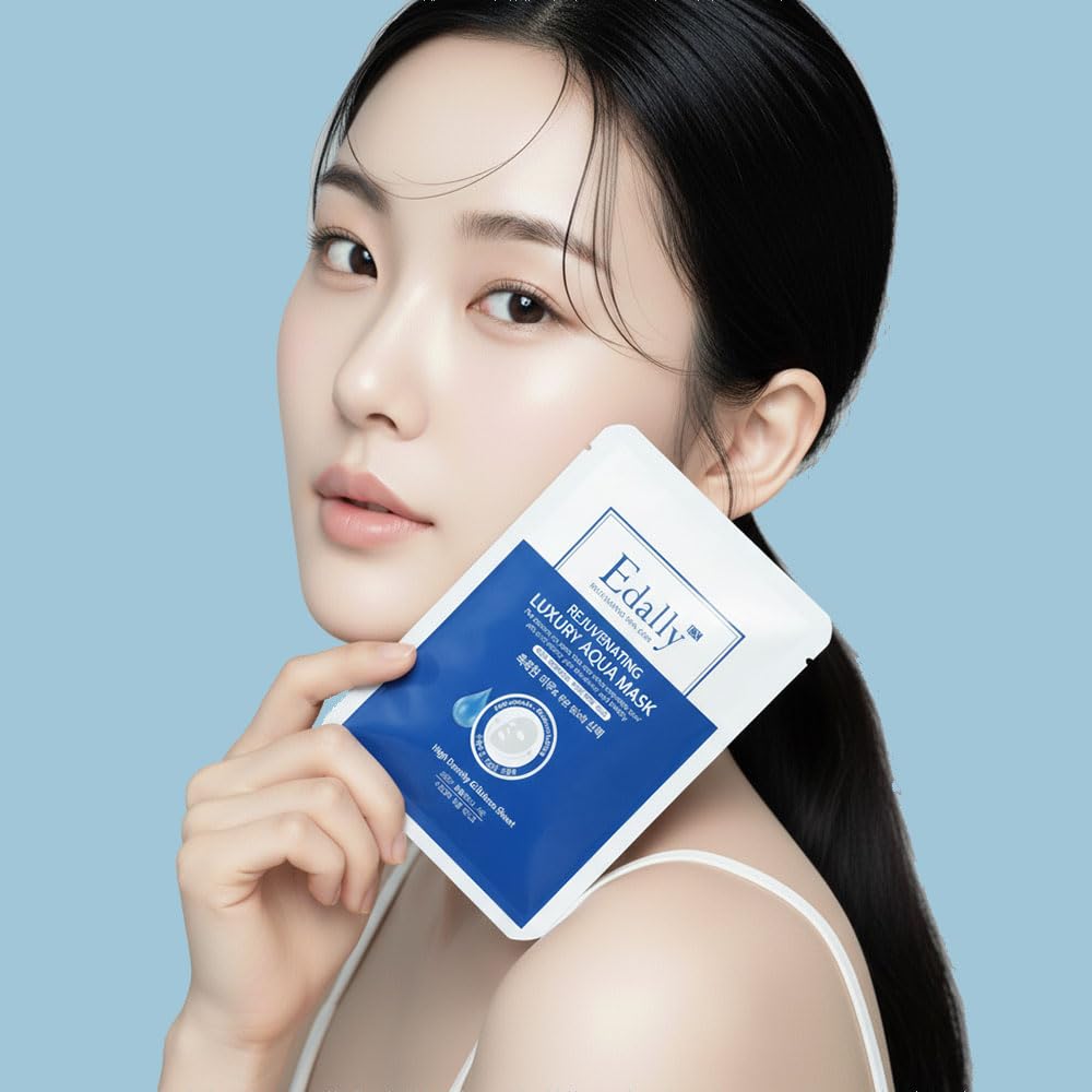Edally EX Rejuvenating Luxury Aqua Mask - Premium K-Beauty Hyaluronic Acid Facial Sheet Mask for Dry Skin - Deep Hydration, Plumping & Soothing Care - [10 Sheets/Box]