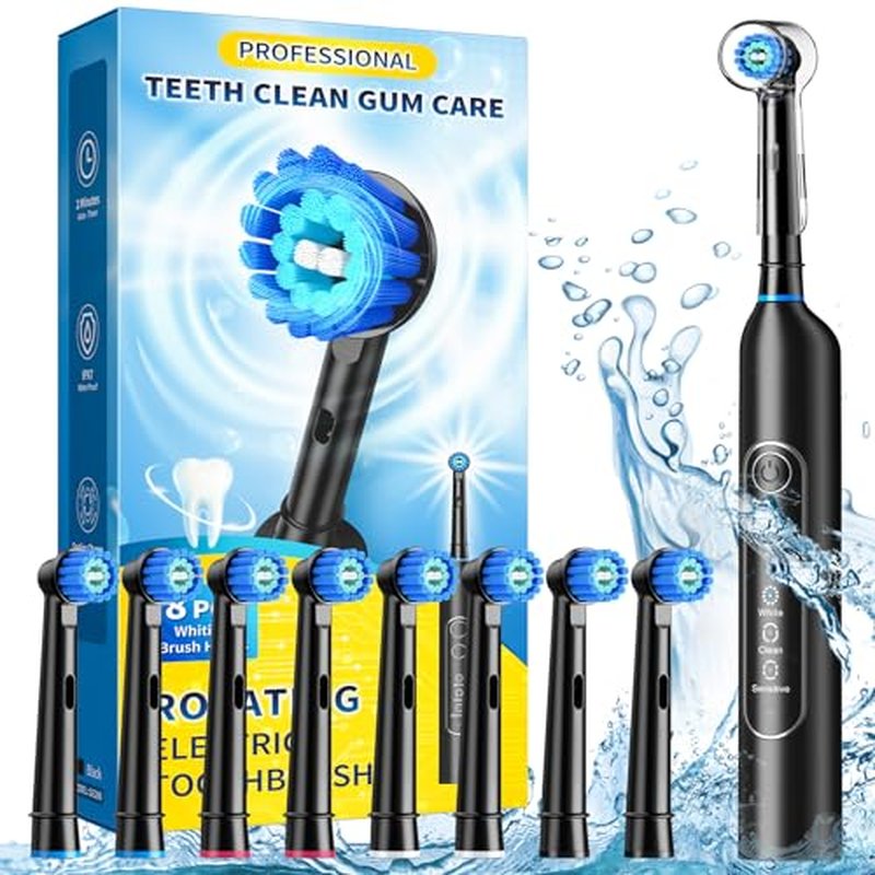 TEETHEORY Rotating Electric Toothbrush for Adults with 8 Brush Heads, Sensitive Gum Care Electric Toothbrush with 3 Modes and 2 Min Smart Timer, Rechargeable Last 45 Days
