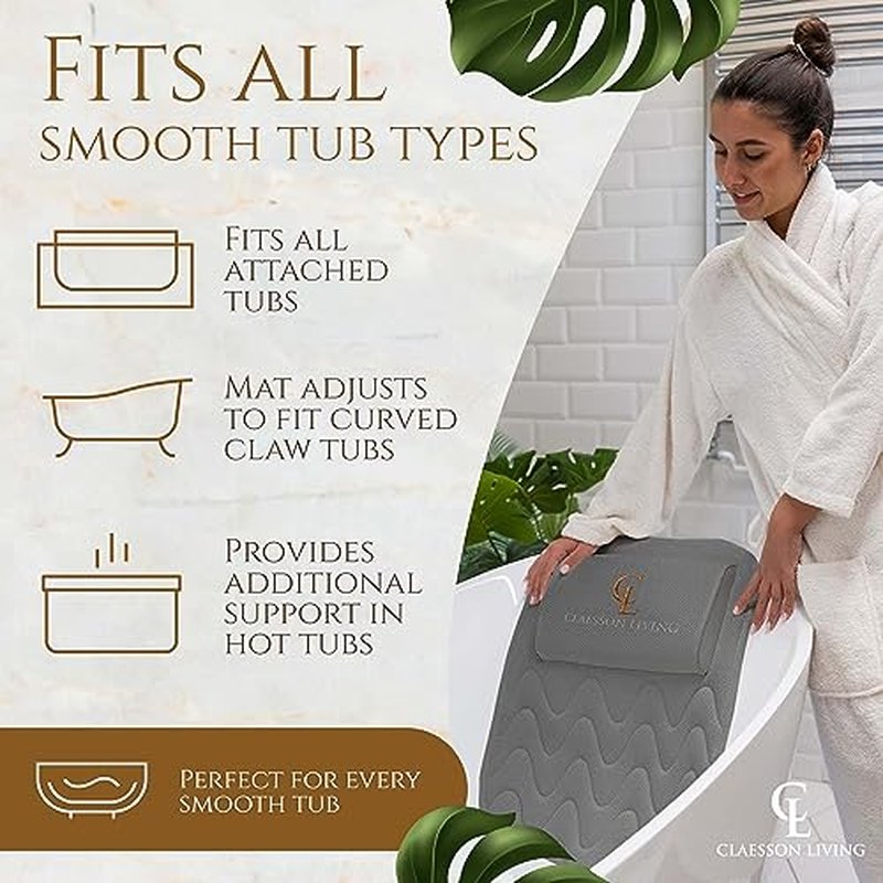 Claessonliving Full-Body Bath Pillow (17'' x 49'') - Bathtub Cushion with Headrest Supports Neck, Back and Legs - Free Hanging Hooks for Fast Drying Over Tub - Includes Washing and Travel Bags - Gray