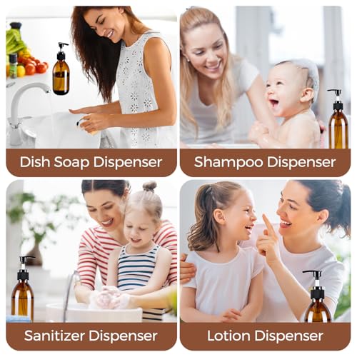 Glass Pump Bottle Dispenser 10.8 oz，Homepicker Lotion Bottle with Pump for Body Oil，300ml Amber Glass Bottles with 1 Extra Pump Tops, Black Caps, Labels (2 Pack)