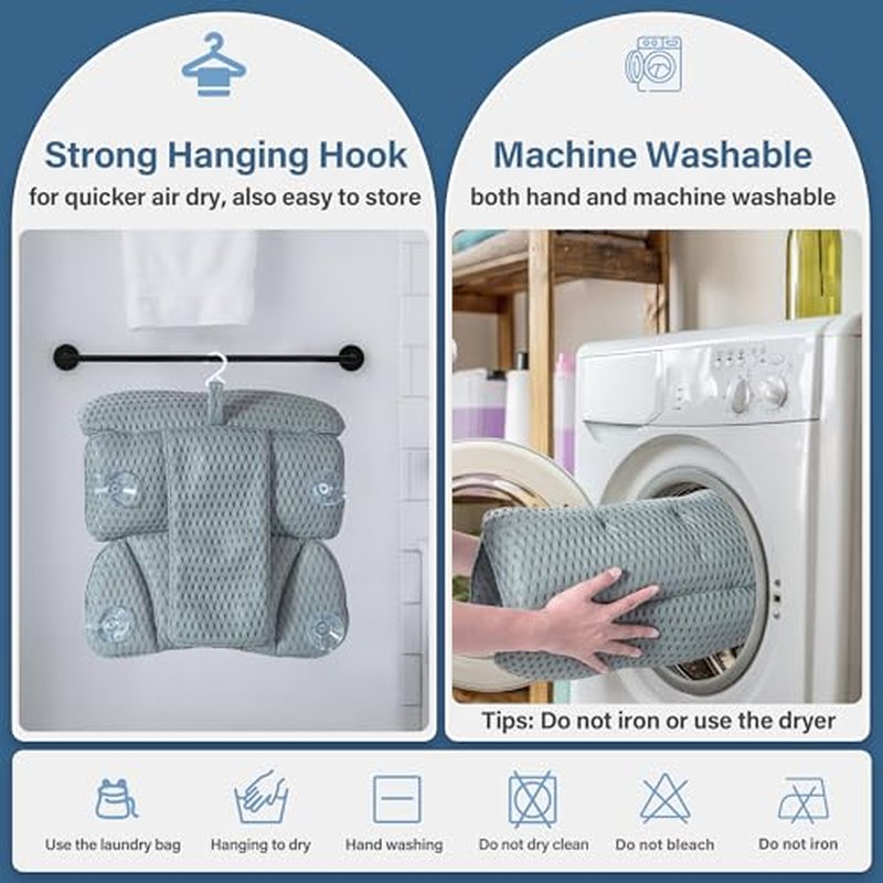 Bath Pillow Bathtub Pillow for Tub Luxury Bath Tub Pillows for Tub Neck and Back Support with Soft Mesh Fabric and 8 Strong Powerfull Non-Slip Suction Cups Relaxing Bath Accessories Spa Gifts, Grey