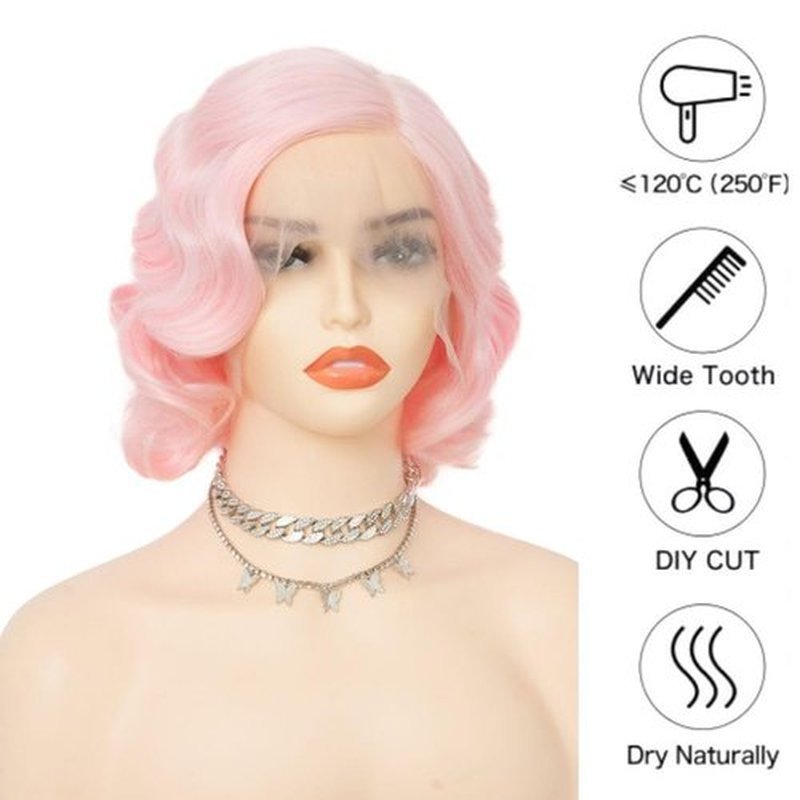 Siudus Finger Wave Lace Front Wig for Women Short Pink Curly Wig Retro Hair Wigs Mommy Wig for Cosplay Daily Party Use