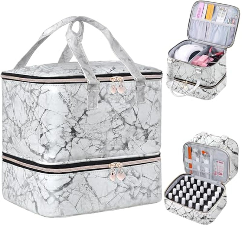 FCQQYWZ Nail Polish Organizer Case - Holds 30+ Bottles (15ml/0.5 fl.oz) and 1 Nail Lamp, Upgraded Double-layer Nail Polish Carrying Case Nail Polish Storage Bag with Handles (WHITE)