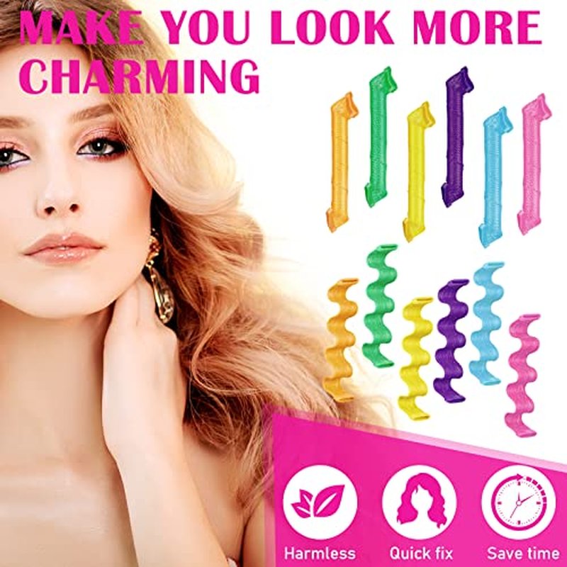 Yilloog 60-Piece Spiral Curlers Styling Kit - 2 Styles No-Heat Silicone Wave Curlers with Hooks and Bags for Long, Medium, and Short Hair (7.8 Inch)