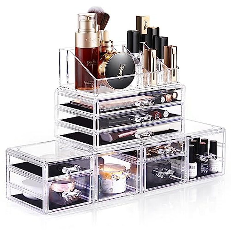 DreamGenius Makeup Organizer 4 Pieces, Acrylic Makeup Storage Box with 9 Drawers for Lipstick Jewelry and Makeup Brushes, Stackable Vanity Organizer for Dresser and Bathroom Countertop, Black