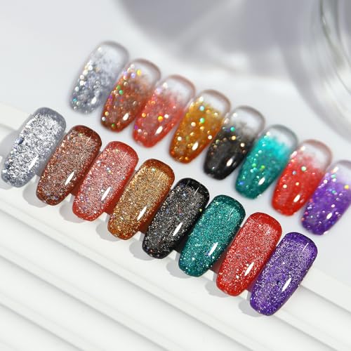 Champagne Gold Glitter Gel Nail Polish, Reflective Nail Polish, Nail Art DIY Manicure Salon, DIY Nail Design, Nail Art Gifts for Girls Women (02, 7.5ml)