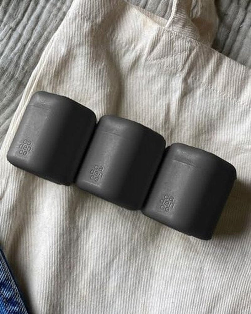 Cadence Travel Containers - Body Care Capsule Set - Magnetic Travel Capsules - For Body Wash, Lotions, Sunscreens - 3 Flex Mediums (1.32oz) with Body Wash, Lotion, & Sun Icon Labels - Charcoal
