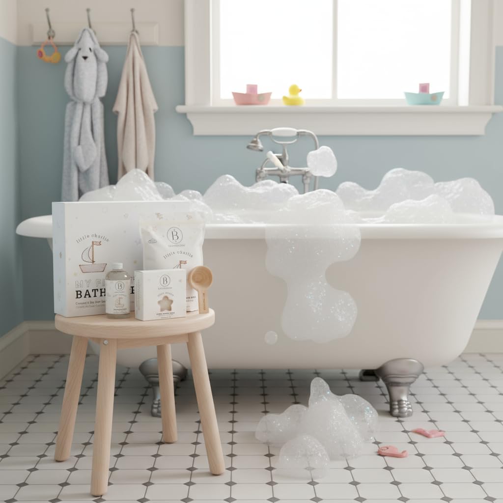 Bathorium Little Charlie My First Bath Ritual Gift Set, Bath Kit with Oat, Coconut & Organic Oils, Soothing Soak, Bubble Bath, Konjac Sponge & Scoop, Gentle, Fragrance-Free Skincare for Babies