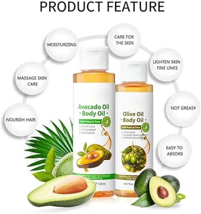 Avocado Oil Body Massage Oil - Daily Moisturizing Hydrating Oil for Dry Skin & Hair Care | Anti-Wrinkle Formula