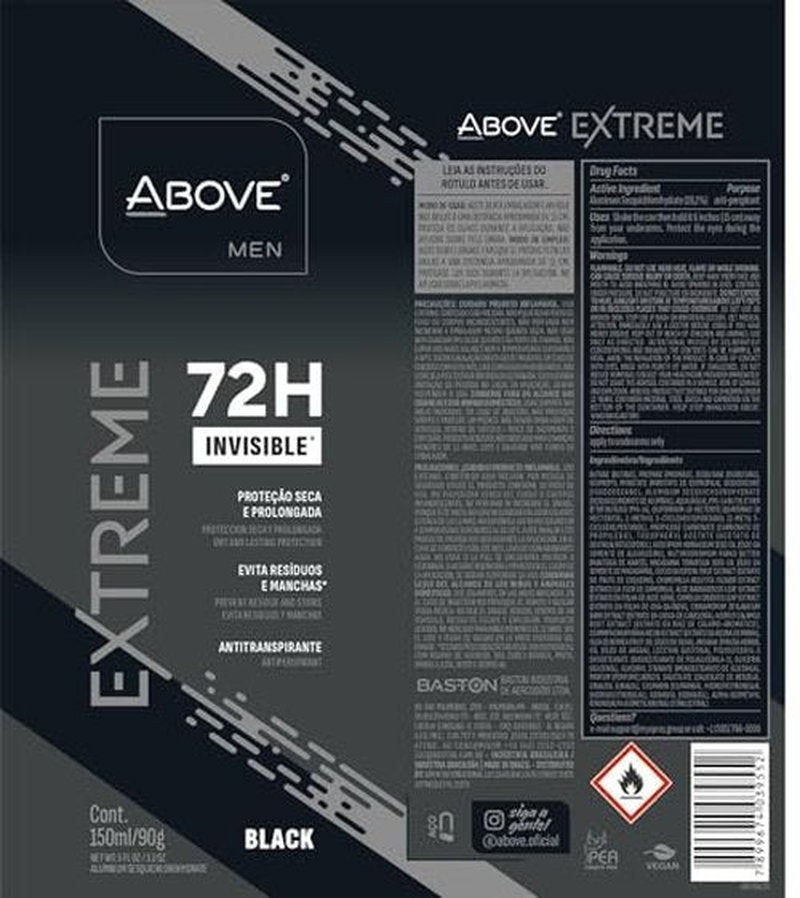 ABOVE Mens Deodorant Antiperspirant, 72 Hours (Extreme Men Black) -Protects Against Sweat & Body Odor - Dry, No Stain & Moisturizing Instant Freshness - Deodorant Spray, Alcohol Free - 3.17 oz