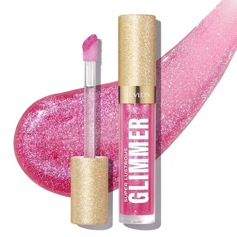 REVLON Super Lustrous Glimmer Gloss, Lip Makeup, Non-Sticky Finish Made with Plant-Based Glitter and Light-Refracting Pearls for High-Impact Shimmer, 008 Rose Glow, 0.13 fl oz