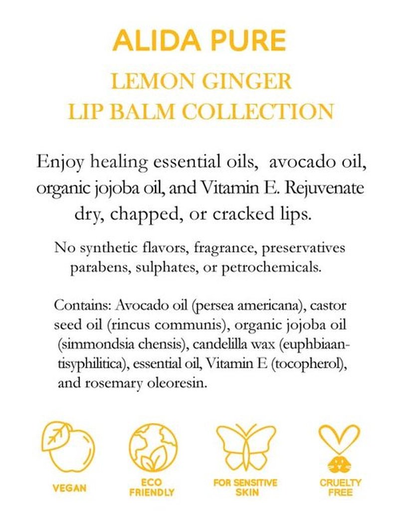 ALIDA PURE Lemon Ginger Lip Balm Collection, Vegan Lip Balm Set, Bees Wax Free, with Avocado Oil, Organic Jojoba Oil, Vitamin E, Natural Moisturizer For Dry, Cracked, or Chapped Lips, 3 Tube Set