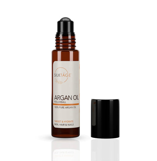SILKTÁGE Argan Oil Rollerball - 100% Pure, Organic, Cold Pressed Moroccan Argan Oil Treatment for Hair, Skin, Lips, Nails, Anti-Aging Benefits .33 fl oz.