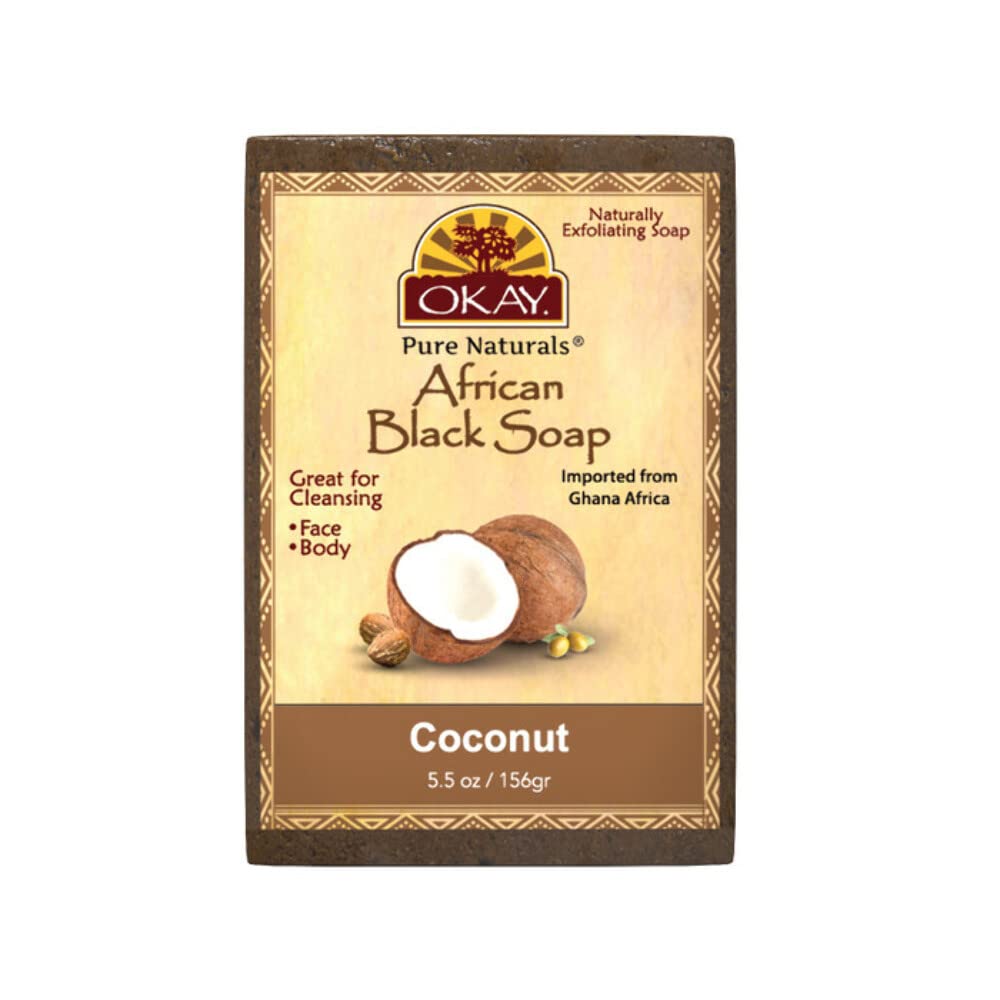 OKAY | African Black Soap with Coconut | For All Skin Types | Cleanses and Exfoliates | Nourishes and Heals | Free of Sulfate, Silicone & Paraben | 5.5 oz