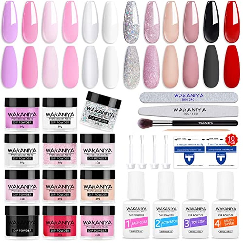 wakaniya Dip Powder Nail Kit-12 Colors Dip Manicure Kit Pure And Glitter Dipping Powder Set with Base Top Coat for Professionals Beginners Gorgeous Spring Summer Classic French Nail Art Home Salon DIY