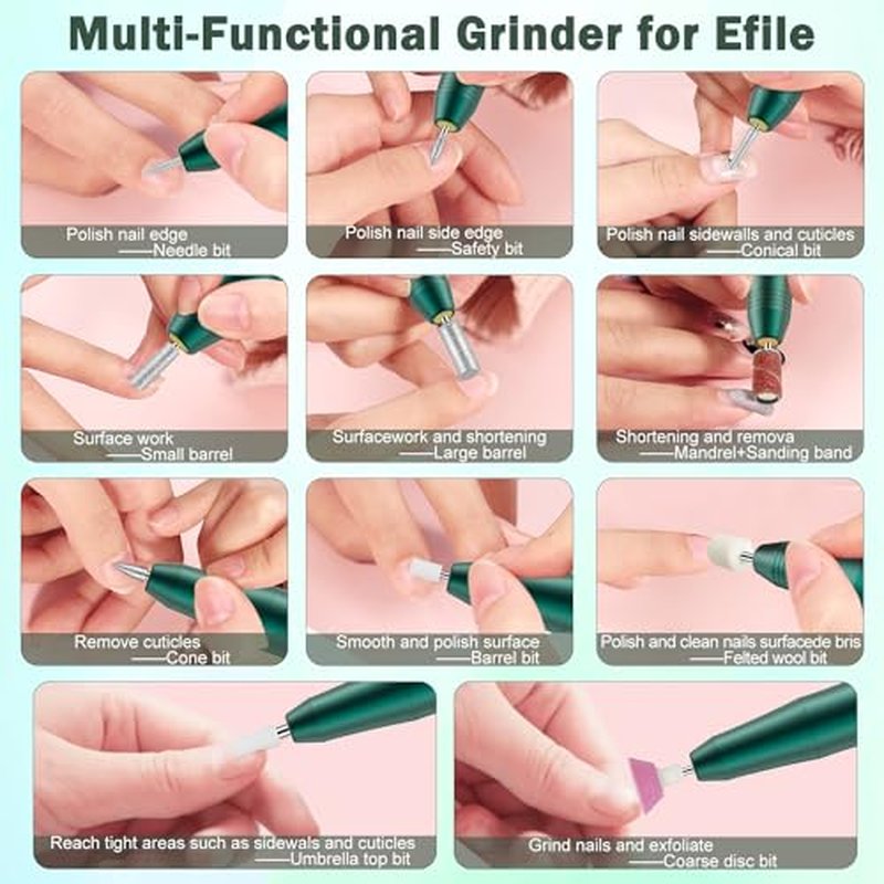 Nail Filer Electric，Cordless Electric Nail Drill Machine, with 11 Nail Drill Bits, USB Portable Efile for Acrylic Gel Nails Rechargeable Manicure Pedicure Polishing (Premium Green)