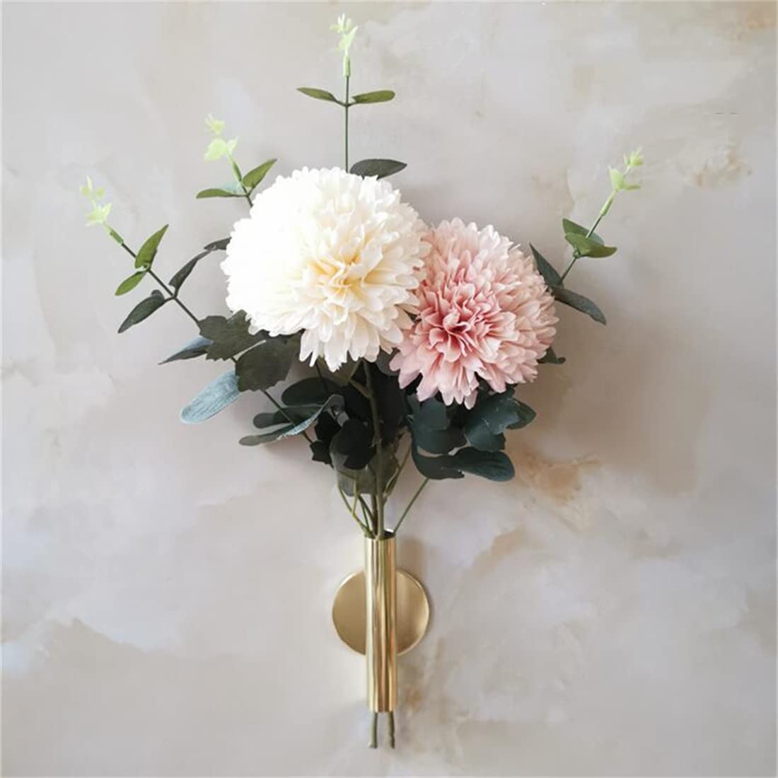 2 Pcs Gold Wall Decor, Plant Wall Vase Metal Tube Decoration Holder Used to Display Dried Flowers, Faux Flowers, Fake Flowers, Also Suitable for Gravestone Memorial Decoration (Round Gold)