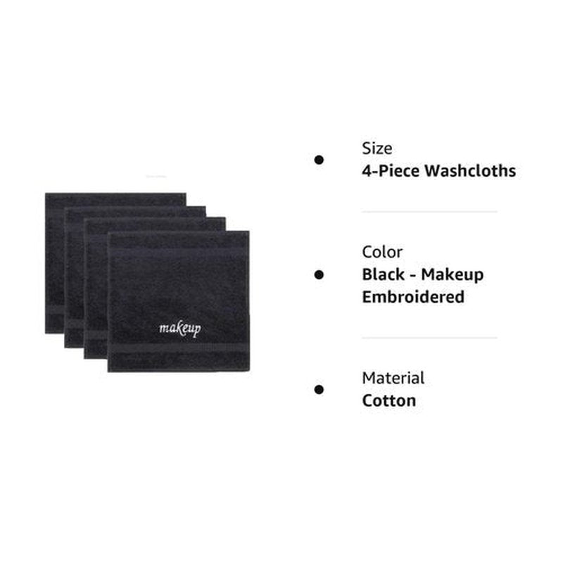 Chakir Turkish Linens | Hotel & Spa Quality 100% Cotton Premium Turkish Towels | Soft & Absorbent (4-Piece Washcloths, Black - Makeup Embroidered)